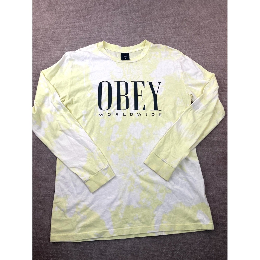 Obey Worldwide T Shirt Mens Small Pale Yellow Bleach Wash Stretch Long Sleeve